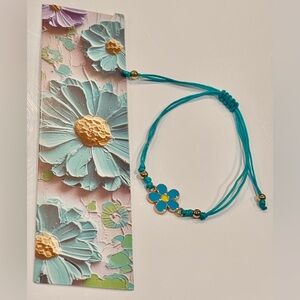 Turquoise Daisy Cord Bracelet with Gold Accents and Matching Daisy Bookmark